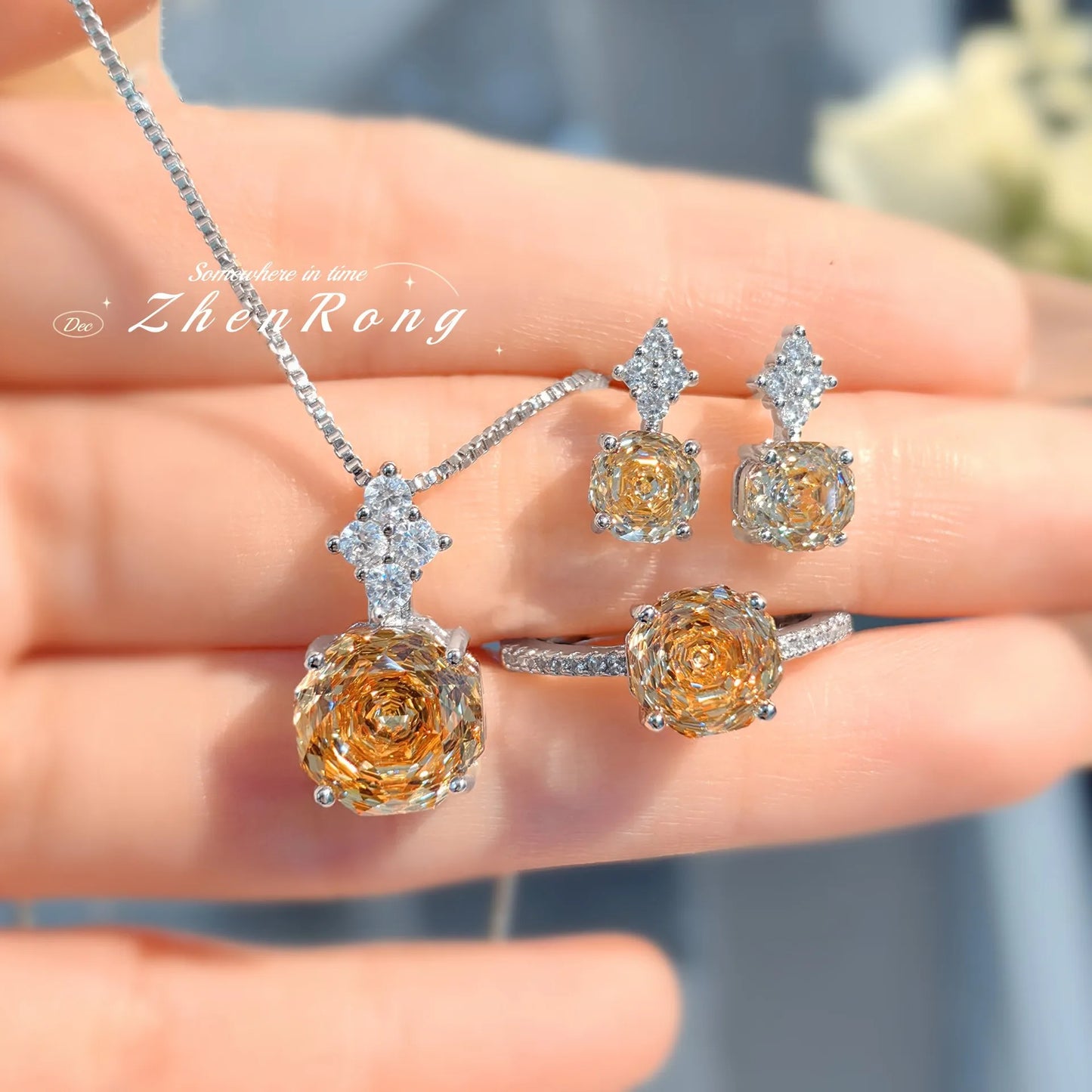 Bridal Jewelry Set – Ring Necklace and Earring Set in Purple, Pink, or Green
