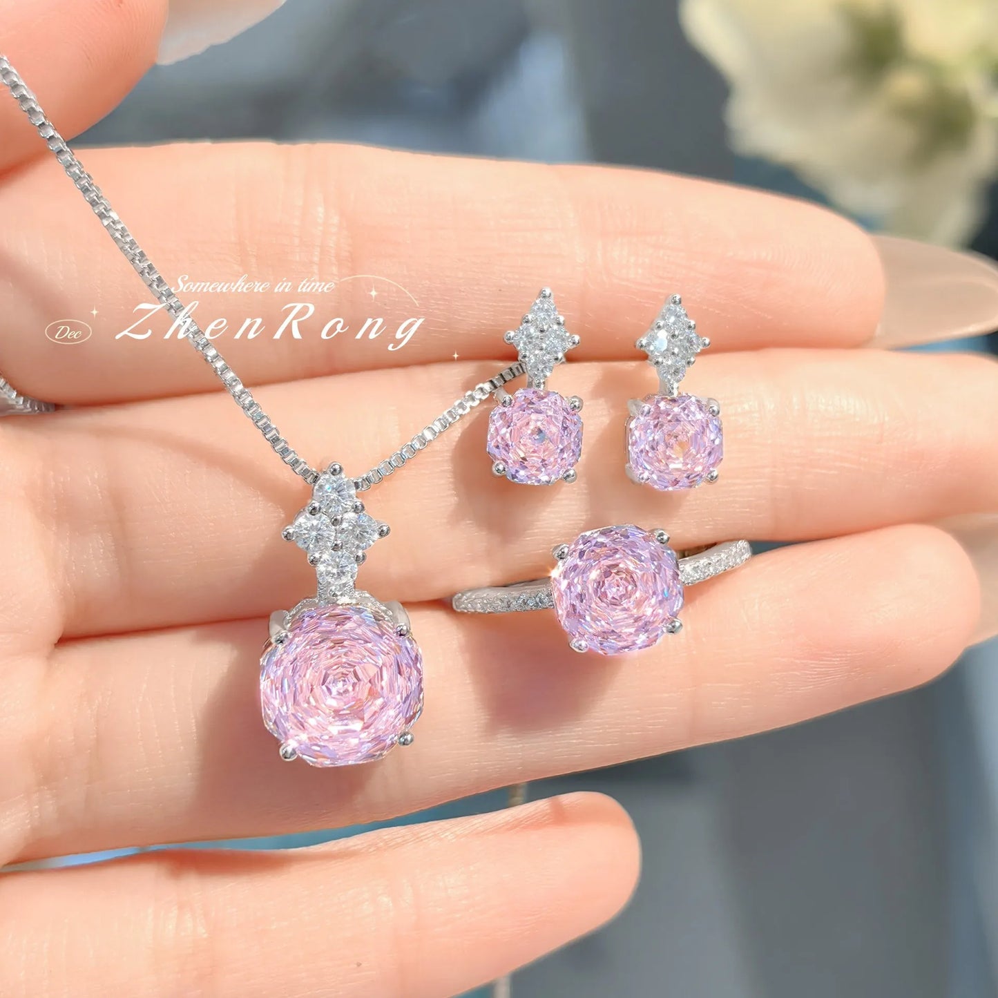 Bridal Jewelry Set – Ring Necklace and Earring Set in Purple, Pink, or Green