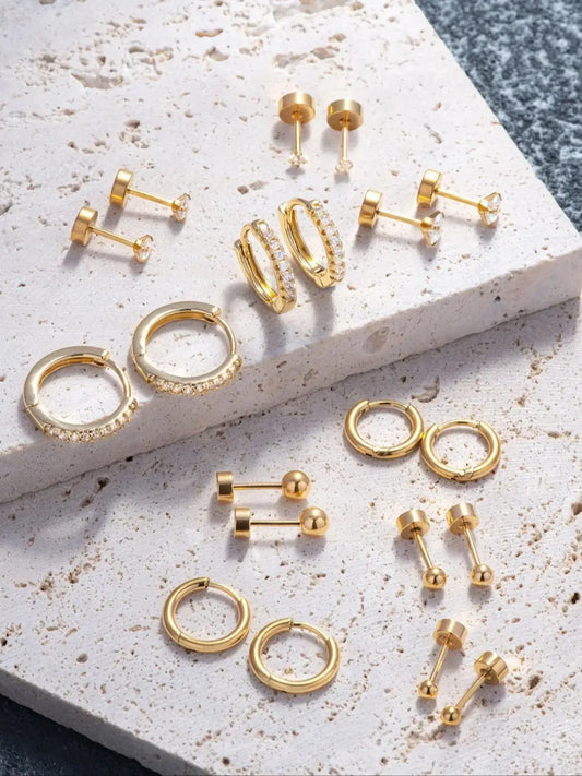 10 Pairs Small Gold Hoop Stud Earrings Set