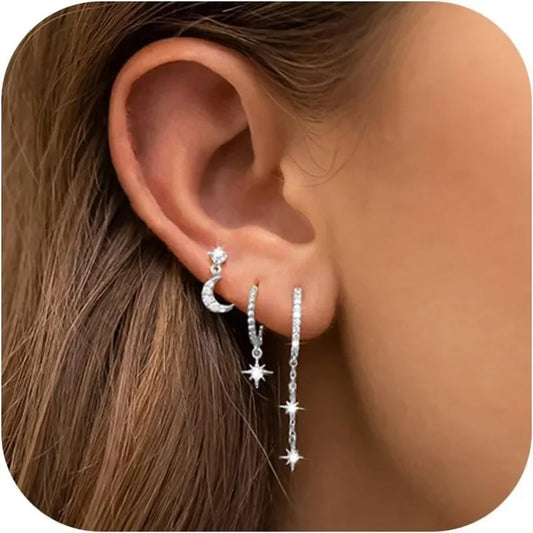 Moon, Star & CZ Stud/Hoop Earring Set