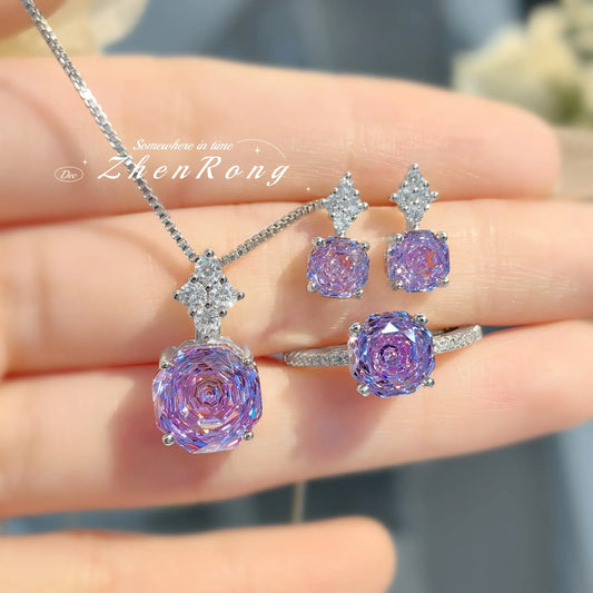 Bridal Jewelry Set – Ring Necklace and Earring Set in Purple, Pink, or Green